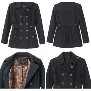 Rue21 Women Small Pea Coat Jacket Double Breasted Wool Blend Leopard‎ Lining